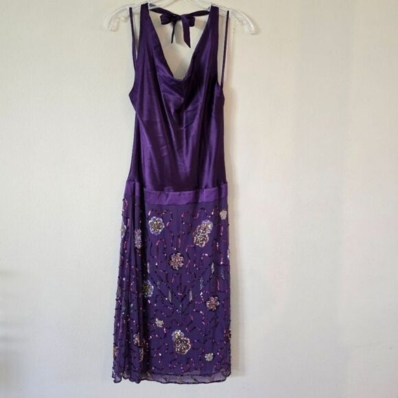 Women's Midi Dress Purple Embellished Size Medium Silk Halter Neck - Picture 2 of 7